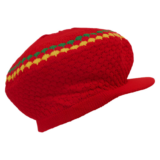 1-010044 Rasta Dreadlocks Cap Tam Hat with Brim (Red with Red, Gold, & Green)