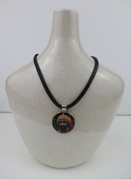 1-10025 *Rastafari Round Pendant and Cord - H.I.M. of Ethiopia