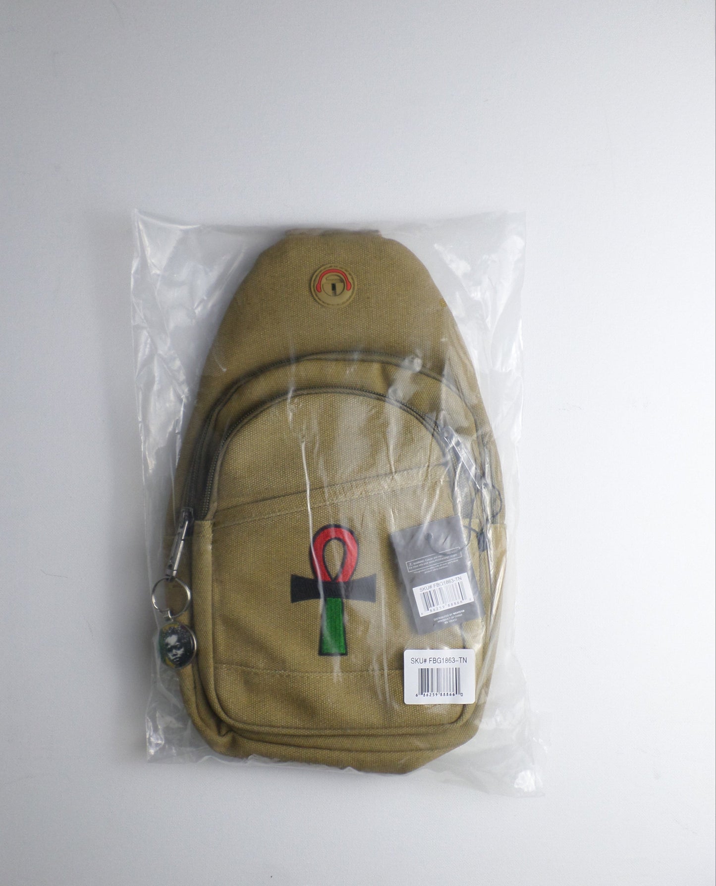 0-10045 Ankh (rd/blk/grn) Crossbody bag with keychain charm (Tan)
