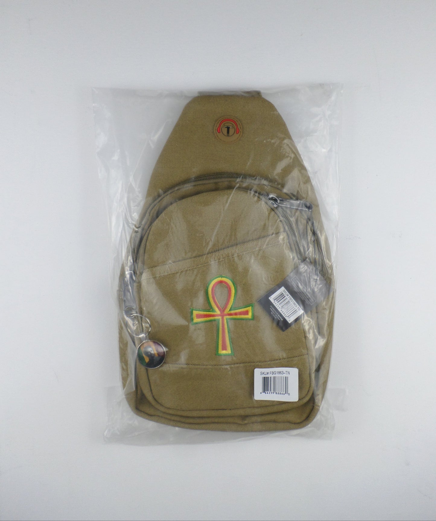 0-10047 Ankh (rd/yel/grn) - Crossbody bag with keychain charm (Tan)