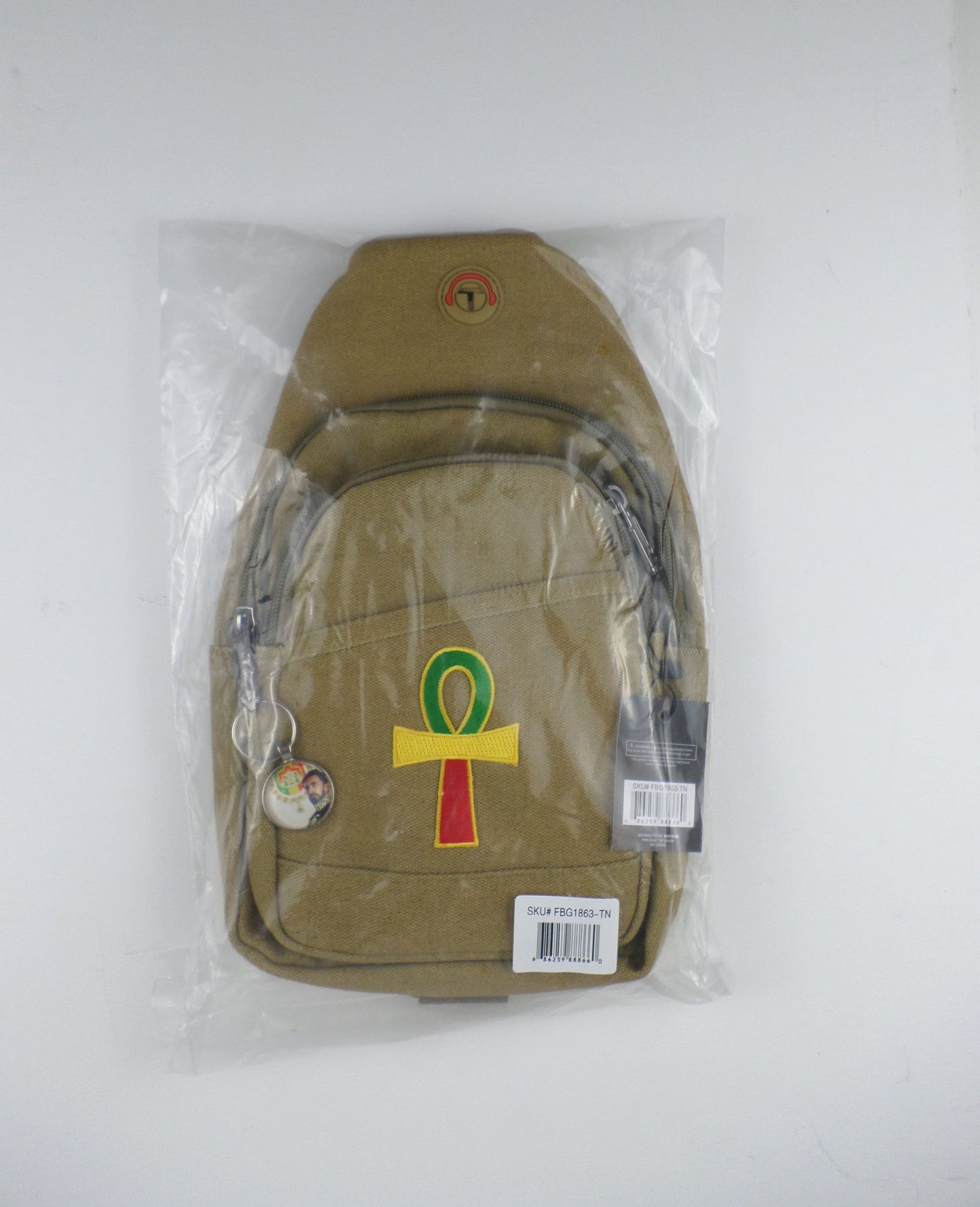 0-10049 Ankh (grn/yel/rd) - Crossbody bag with keychain charm (Tan)