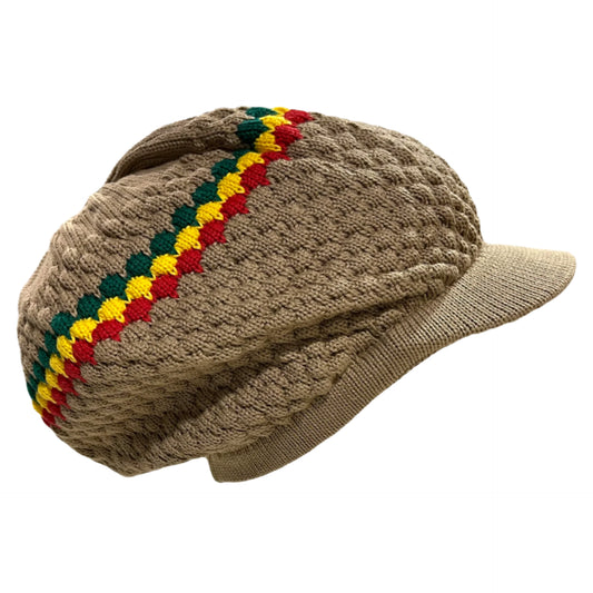 1-010052 Rasta Dreadlocks Cap Tam Hat with Brim (Tan with Red, Gold, & Green)