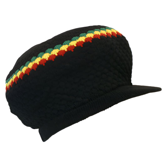 1-010034 Rasta Dreadlocks Cap Tam Hat with Brim (Black with Red, Gold & Green)