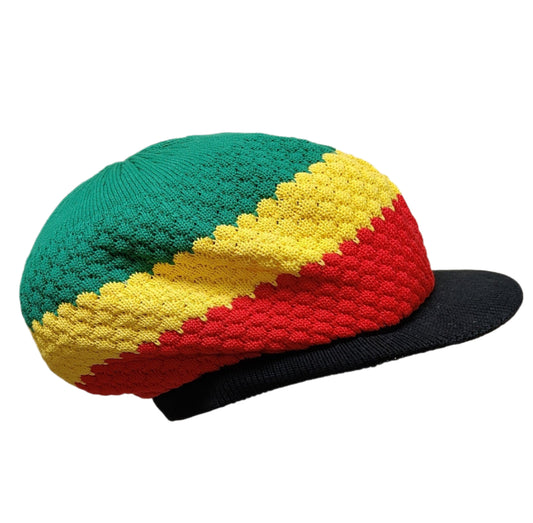 1-010036 Rasta Dreadlocks Cap Tam Hat with Brim (Red, Gold, Green & Black)