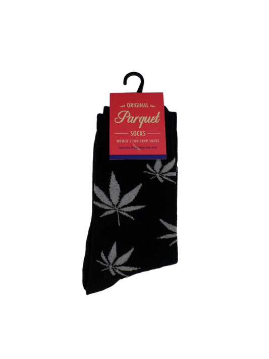 0-10057 Marijuana Leaf Crew Socks - Blk/Wht  (Women's)