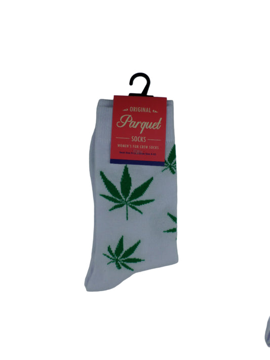 0-10059 Marijuana Leaf Crew Socks - Wht/Grn  (Women's)