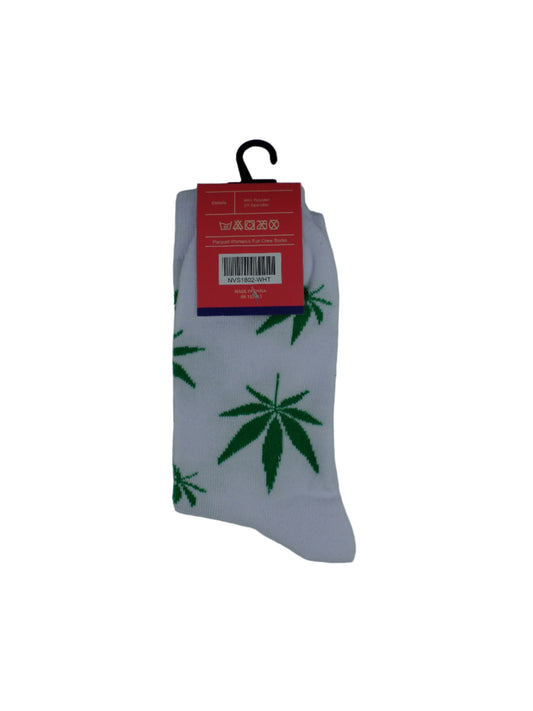 0-10059 Marijuana Leaf Crew Socks - Wht/Grn  (Women's)