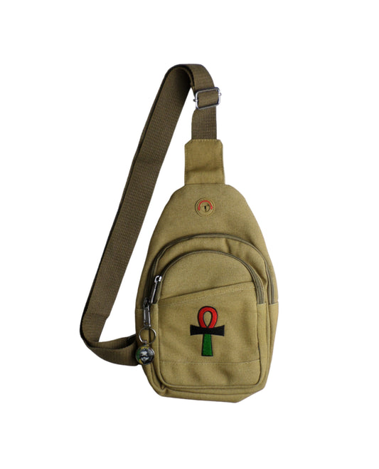 0-10045 Ankh (rd/blk/grn) Crossbody bag with keychain charm  (Tan)