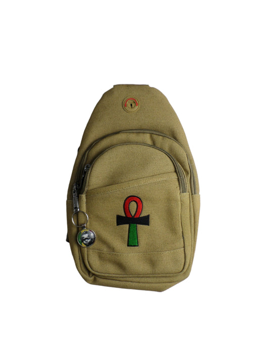 0-10045 Ankh (rd/blk/grn) Crossbody bag with keychain charm  (Tan)