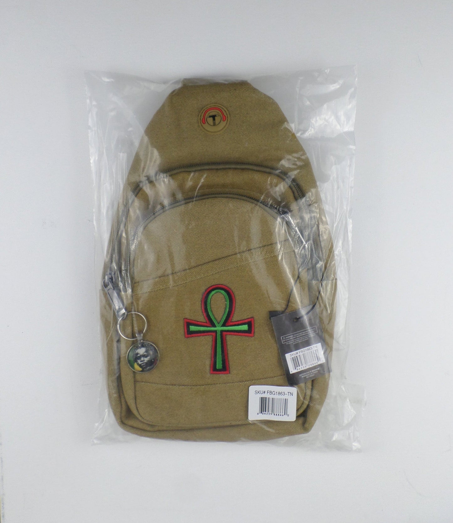 0-10043 Ankh (grn/blk/rd)  - Crossbody bag with keychain charm  (Tan)